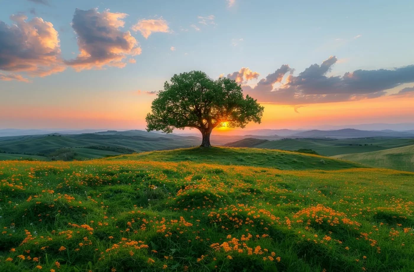 A lone tree on green hills at sunrise
